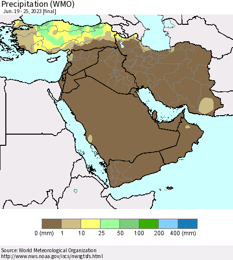 Middle East and Turkey Precipitation (WMO) Thematic Map For 6/19/2023 - 6/25/2023