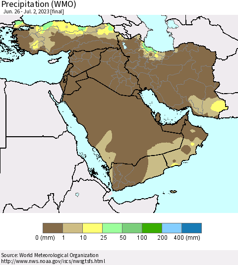 Middle East and Turkey Precipitation (WMO) Thematic Map For 6/26/2023 - 7/2/2023