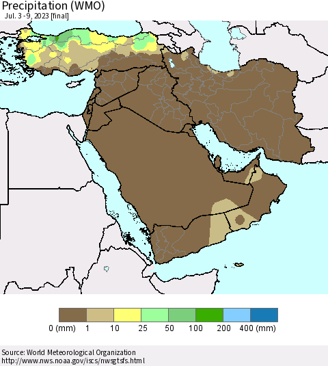 Middle East and Turkey Precipitation (WMO) Thematic Map For 7/3/2023 - 7/9/2023