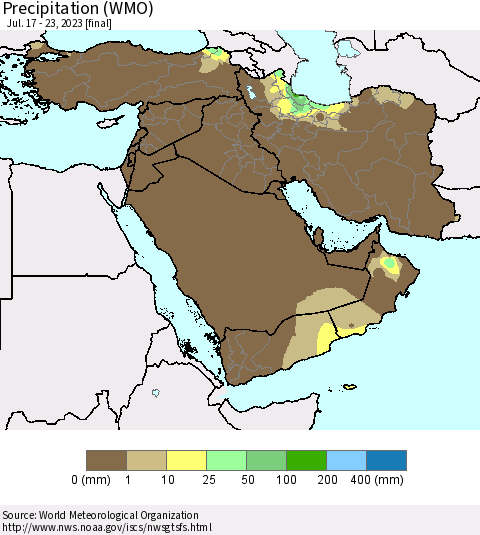 Middle East and Turkey Precipitation (WMO) Thematic Map For 7/17/2023 - 7/23/2023