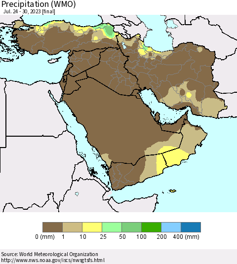 Middle East and Turkey Precipitation (WMO) Thematic Map For 7/24/2023 - 7/30/2023