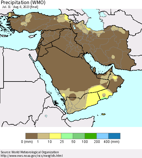 Middle East and Turkey Precipitation (WMO) Thematic Map For 7/31/2023 - 8/6/2023