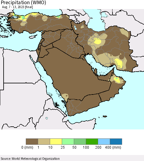 Middle East and Turkey Precipitation (WMO) Thematic Map For 8/7/2023 - 8/13/2023