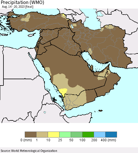 Middle East and Turkey Precipitation (WMO) Thematic Map For 8/14/2023 - 8/20/2023