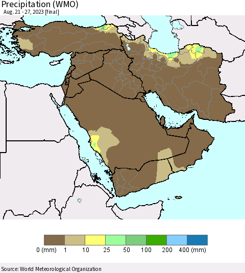 Middle East and Turkey Precipitation (WMO) Thematic Map For 8/21/2023 - 8/27/2023