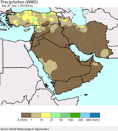 Middle East and Turkey Precipitation (WMO) Thematic Map For 8/28/2023 - 9/3/2023