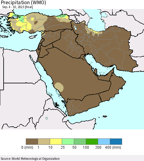 Middle East and Turkey Precipitation (WMO) Thematic Map For 9/4/2023 - 9/10/2023