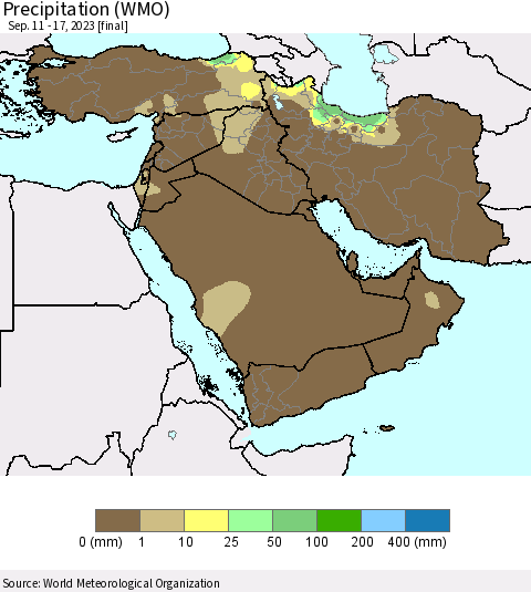 Middle East and Turkey Precipitation (WMO) Thematic Map For 9/11/2023 - 9/17/2023