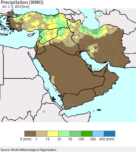 Middle East and Turkey Precipitation (WMO) Thematic Map For 10/2/2023 - 10/8/2023
