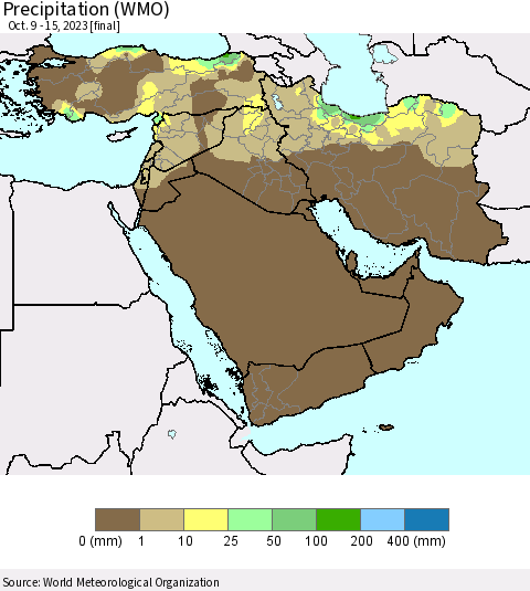 Middle East and Turkey Precipitation (WMO) Thematic Map For 10/9/2023 - 10/15/2023