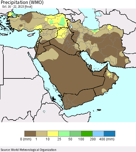 Middle East and Turkey Precipitation (WMO) Thematic Map For 10/16/2023 - 10/22/2023