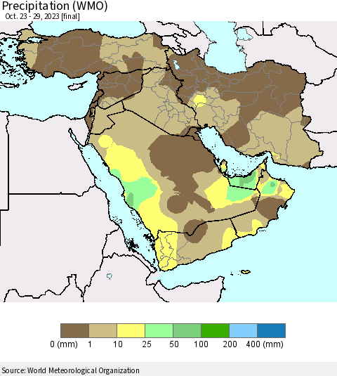 Middle East and Turkey Precipitation (WMO) Thematic Map For 10/23/2023 - 10/29/2023