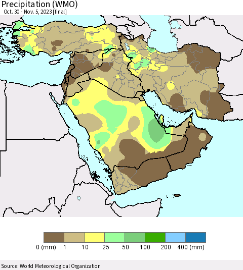 Middle East and Turkey Precipitation (WMO) Thematic Map For 10/30/2023 - 11/5/2023