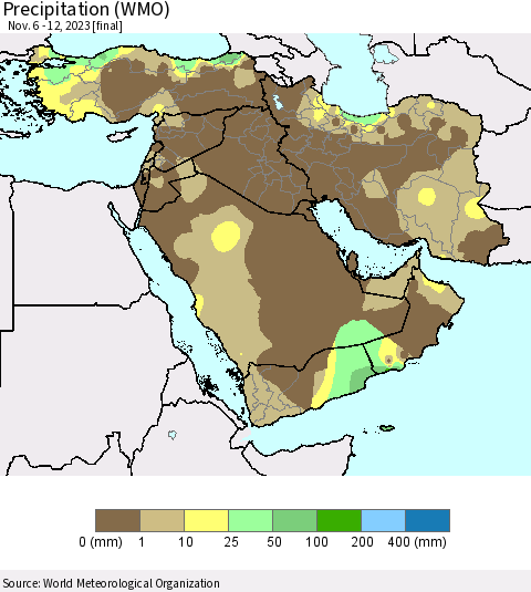 Middle East and Turkey Precipitation (WMO) Thematic Map For 11/6/2023 - 11/12/2023
