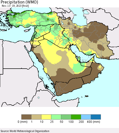 Middle East and Turkey Precipitation (WMO) Thematic Map For 11/13/2023 - 11/19/2023