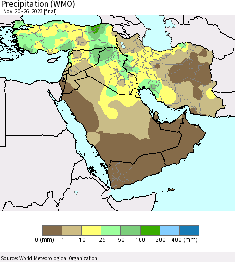 Middle East and Turkey Precipitation (WMO) Thematic Map For 11/20/2023 - 11/26/2023