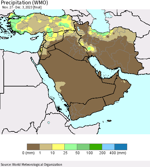 Middle East and Turkey Precipitation (WMO) Thematic Map For 11/27/2023 - 12/3/2023