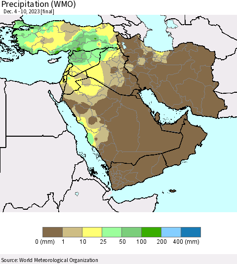 Middle East and Turkey Precipitation (WMO) Thematic Map For 12/4/2023 - 12/10/2023