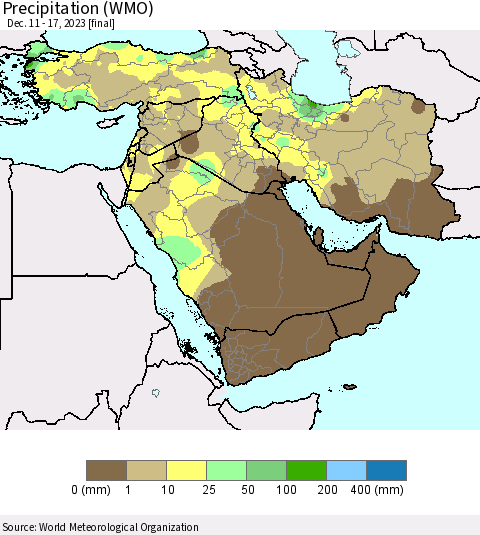 Middle East and Turkey Precipitation (WMO) Thematic Map For 12/11/2023 - 12/17/2023