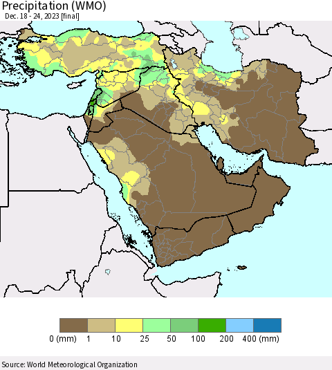 Middle East and Turkey Precipitation (WMO) Thematic Map For 12/18/2023 - 12/24/2023