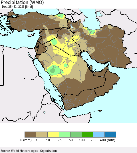 Middle East and Turkey Precipitation (WMO) Thematic Map For 12/25/2023 - 12/31/2023
