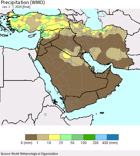 Middle East and Turkey Precipitation (WMO) Thematic Map For 1/1/2024 - 1/7/2024