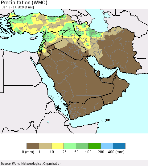 Middle East and Turkey Precipitation (WMO) Thematic Map For 1/8/2024 - 1/14/2024