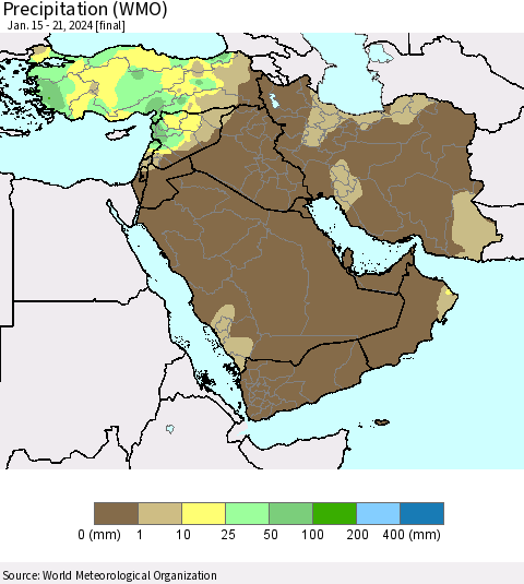 Middle East and Turkey Precipitation (WMO) Thematic Map For 1/15/2024 - 1/21/2024