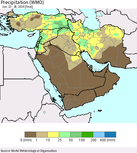 Middle East and Turkey Precipitation (WMO) Thematic Map For 1/22/2024 - 1/28/2024