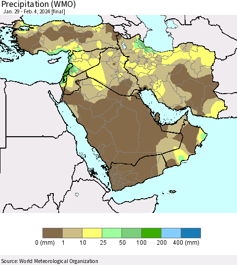 Middle East and Turkey Precipitation (WMO) Thematic Map For 1/29/2024 - 2/4/2024
