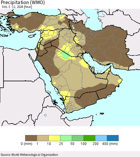 Middle East and Turkey Precipitation (WMO) Thematic Map For 2/5/2024 - 2/11/2024