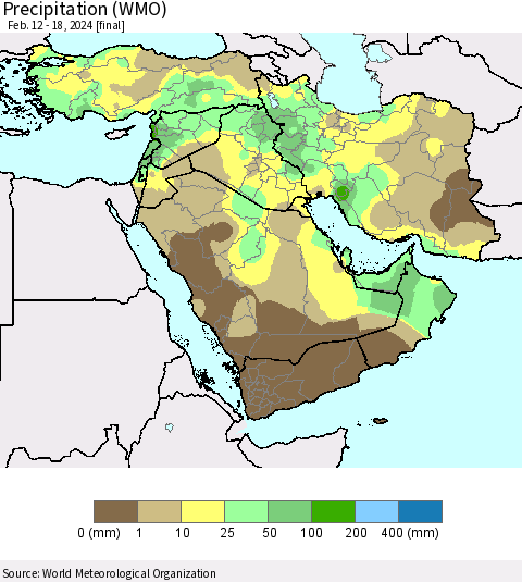 Middle East and Turkey Precipitation (WMO) Thematic Map For 2/12/2024 - 2/18/2024