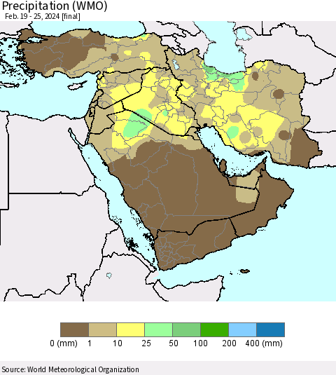 Middle East and Turkey Precipitation (WMO) Thematic Map For 2/19/2024 - 2/25/2024