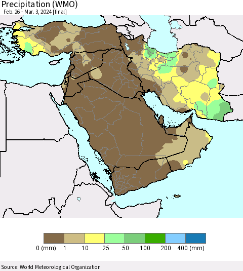 Middle East and Turkey Precipitation (WMO) Thematic Map For 2/26/2024 - 3/3/2024