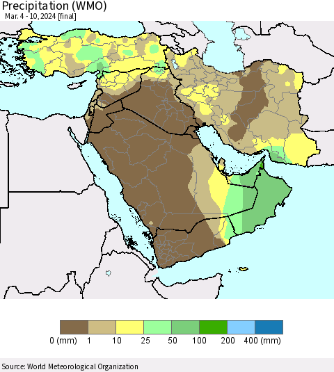Middle East and Turkey Precipitation (WMO) Thematic Map For 3/4/2024 - 3/10/2024