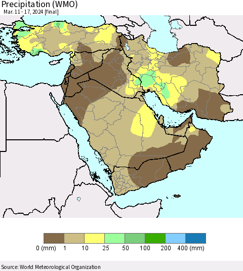 Middle East and Turkey Precipitation (WMO) Thematic Map For 3/11/2024 - 3/17/2024