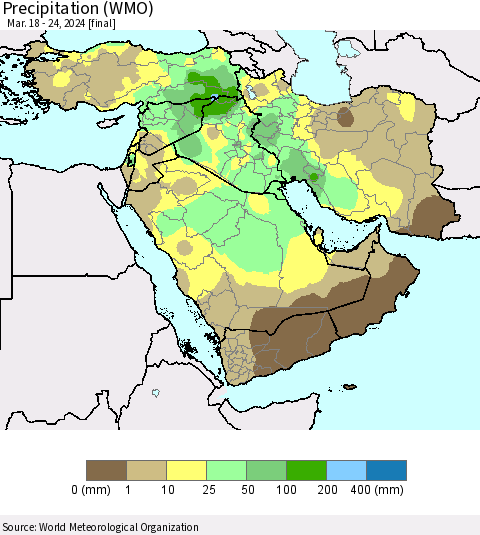 Middle East and Turkey Precipitation (WMO) Thematic Map For 3/18/2024 - 3/24/2024