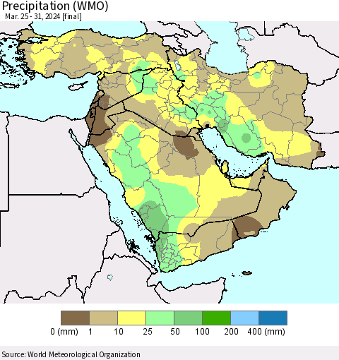 Middle East and Turkey Precipitation (WMO) Thematic Map For 3/25/2024 - 3/31/2024