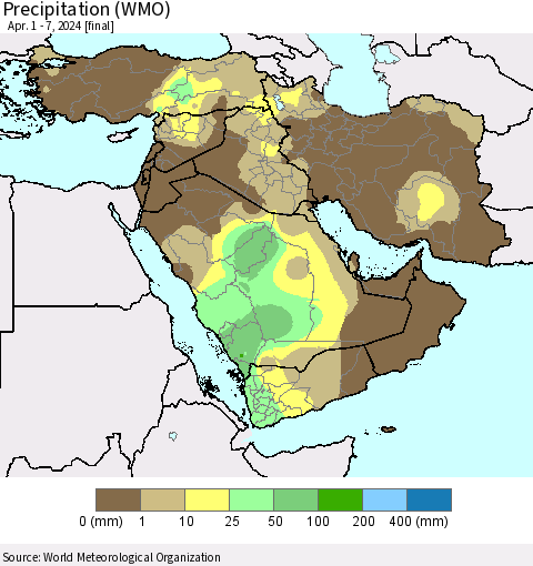 Middle East and Turkey Precipitation (WMO) Thematic Map For 4/1/2024 - 4/7/2024