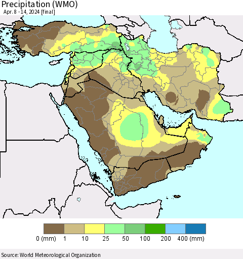 Middle East and Turkey Precipitation (WMO) Thematic Map For 4/8/2024 - 4/14/2024