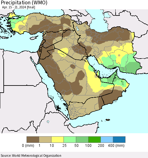 Middle East and Turkey Precipitation (WMO) Thematic Map For 4/15/2024 - 4/21/2024