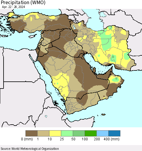 Middle East and Turkey Precipitation (WMO) Thematic Map For 4/22/2024 - 4/28/2024