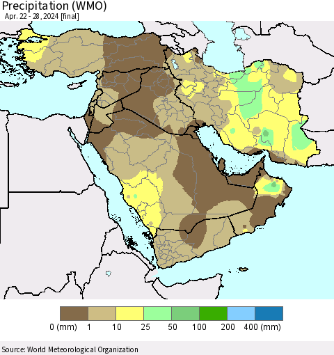 Middle East and Turkey Precipitation (WMO) Thematic Map For 4/22/2024 - 4/28/2024