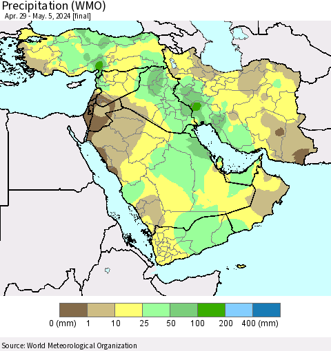 Middle East and Turkey Precipitation (WMO) Thematic Map For 4/29/2024 - 5/5/2024