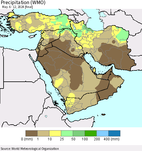 Middle East and Turkey Precipitation (WMO) Thematic Map For 5/6/2024 - 5/12/2024