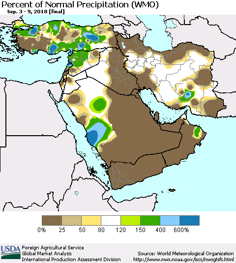 Middle East and Turkey Percent of Normal Precipitation (WMO) Thematic Map For 9/3/2018 - 9/9/2018