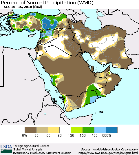 Middle East and Turkey Percent of Normal Precipitation (WMO) Thematic Map For 9/10/2018 - 9/16/2018