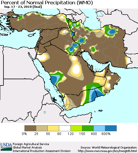 Middle East and Turkey Percent of Normal Precipitation (WMO) Thematic Map For 9/17/2018 - 9/23/2018