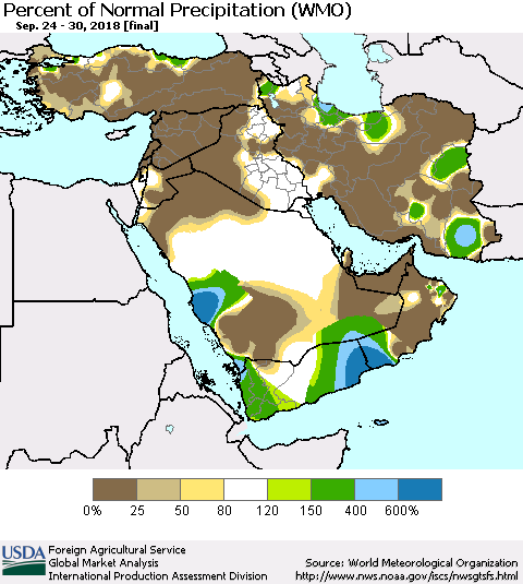 Middle East and Turkey Percent of Normal Precipitation (WMO) Thematic Map For 9/24/2018 - 9/30/2018