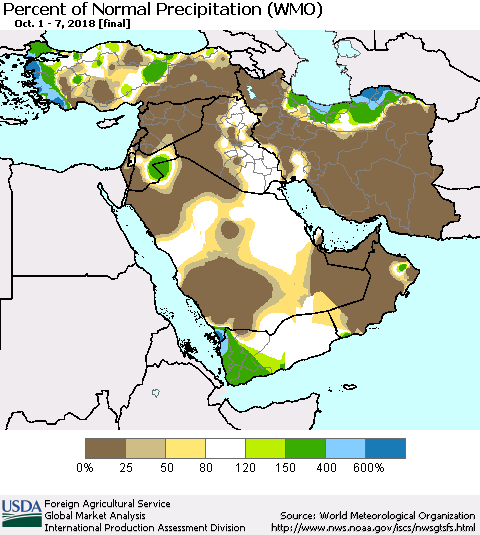 Middle East and Turkey Percent of Normal Precipitation (WMO) Thematic Map For 10/1/2018 - 10/7/2018